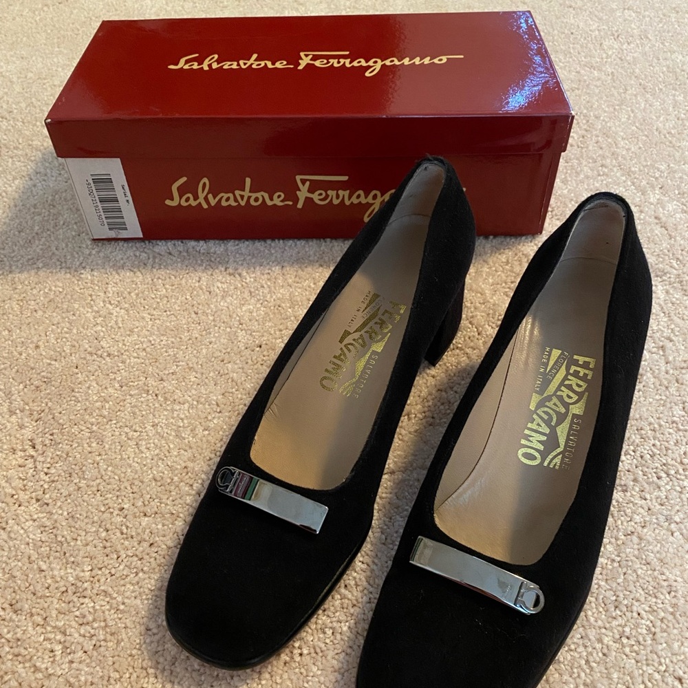 Size 7 Salvatore Ferragamo Heels. Black with Silver Buckle. Gently worn.